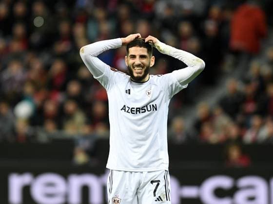 14 03 2024, Leverkusen, Germany, BayARENA, Bayer Leverkusen vs Qarabag FK UEFA Europa League 2023 2024 Round of 16 second leg, Yassine Benzia Qarabag Agdam gestures, gestures Photo Ralf Treese Leverkusen BayARENA North Rhine Westphalia Germany 521_LEVQUA202403134_014 Treese-521