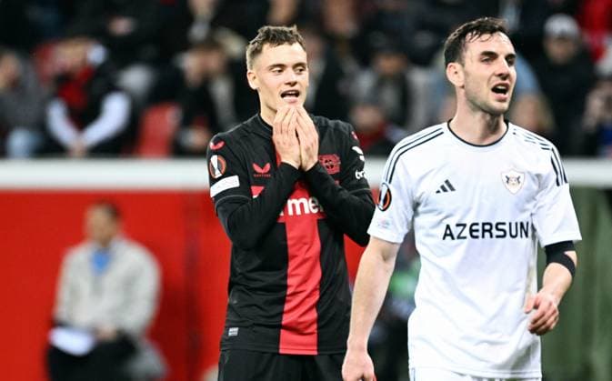 Football, Europa League, Germany, Men, Season 2023 2024, Round of 16 second leg, BayArena Leverkusen, Bayer Leverkusen Qarabag Agdam Florian Wirtz LEV disappointed after missed goal chance Disappointment, Frustration, Action UEFA REGULATES PROHIBIT ANY USE OF PHOTOGRAPHS AS IMAGE SEQUENCES AND OR QUASI VIDEO