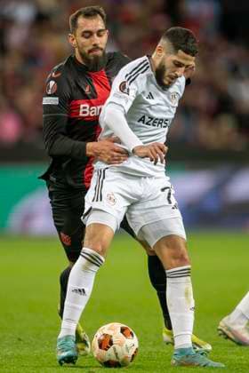 duel between Borja Iglesias Quintas Bayer 04 Leverkusen, 09 and Yassine Benzia Qarabag Agdam, 07 Football UEFA Europa League, season 2023 2024, round of 16, second leg, Bayer 04 Leverkusen Qarabag FK on 14 03 2024 at BayArena in Leverkusen Photo Kirchner Media TH Copyright: xKirchner-Media THx
