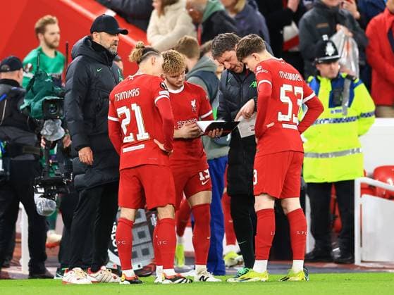Liverpool FC v AC Sparta Prague Harvey Elliott of Liverpool, James McConnell of Liverpool and Kostas Tsimikas of Liverpool receive instruction before coming on for the second half during the Liverpool FC v AC Sparta Prague Last 16, 2nd Leg UEFA Europa League match at Anfield, Liverpool, England, United Kingdom on 14 March 2024 Editorial use only. All images are copyright Every Second Media Limited. No images may be reproduced without prior permission. Copyright: xIMAGO EveryxSecondxMediax ESM-0951-0076