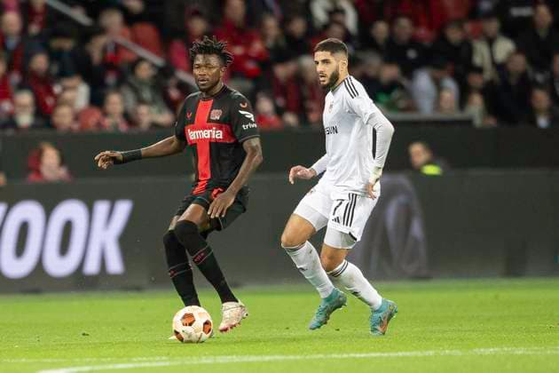 Duel between Odilon Kossounou Bayer 04 Leverkusen, 06 and Yassine Benzia Qarabag Agdam, 07 Football UEFA Europa League, Season 2023 2024, Round of 16, Second leg, Bayer 04 Leverkusen Qarabag FK on 14 03 2024 at BayArena in Leverkusen Photo Kirchner Media TH Copyright: xKirchner-Media THx