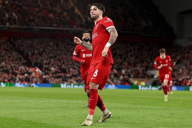 Dominik Szoboszlai of Liverpool scores the 5th goal and celebrates Liverpool v Sparta Prague, UEFA Europa League, Round of 16, Second Leg, Football, Anfield, Liverpool, UK - 14 Mar 2024 EDITORIAL USE ONLY No use with unauthorised audio, video, data, fixture lists, club league logos or live services. Online in-match use limited to 120 images, no video emulation. No use in betting, games or single club league player publications. Copyright: xPaulxCurrie Shutterstockx 14385501ax