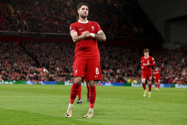 Dominik Szoboszlai of Liverpool scores the 5th goal and celebrates Liverpool v Sparta Prague, UEFA Europa League, Round of 16, Second Leg, Football, Anfield, Liverpool, UK - 14 Mar 2024 EDITORIAL USE ONLY No use with unauthorised audio, video, data, fixture lists, club league logos or live services. Online in-match use limited to 120 images, no video emulation. No use in betting, games or single club league player publications. Copyright: xPaulxCurrie Shutterstockx 14385501ay