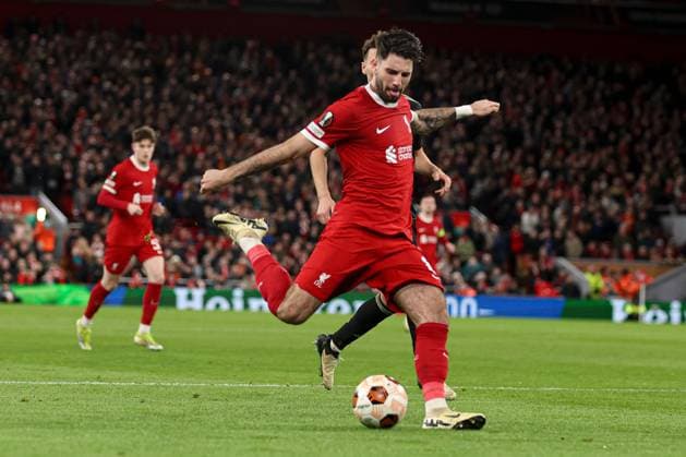 Dominik Szoboszlai of Liverpool scores the 5th goal and celebrates Liverpool v Sparta Prague, UEFA Europa League, Round of 16, Second Leg, Football, Anfield, Liverpool, UK - 14 Mar 2024 EDITORIAL USE ONLY No use with unauthorised audio, video, data, fixture lists, club league logos or live services. Online in-match use limited to 120 images, no video emulation. No use in betting, games or single club league player publications.  Copyright: xPaulxCurrie Shutterstockx 14385501as