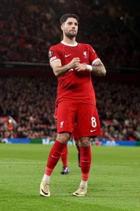 Dominik Szoboszlai of Liverpool scores the 5th goal and celebrates Liverpool v Sparta Prague, UEFA Europa League, Round of 16, Second Leg, Football, Anfield, Liverpool, UK - 14 Mar 2024 EDITORIAL USE ONLY No use with unauthorised audio, video, data, fixture lists, club league logos or live services. Online in-match use limited to 120 images, no video emulation. No use in betting, games or single club league player publications.  Copyright: xPaulxCurrie Shutterstockx 14385501av