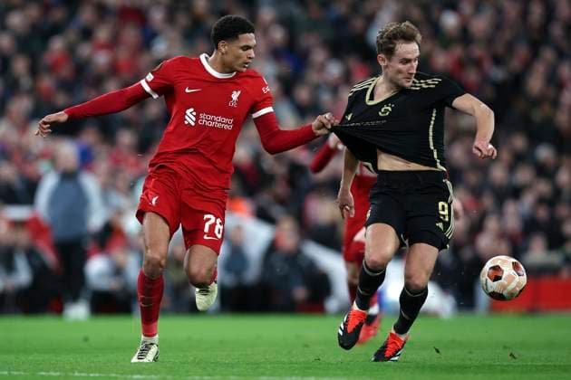 Liverpool FC v AC Sparta Praha: Round of 16 Second Leg - UEFA Europa League 2023 24 Jarell Quansah of Liverpool pulls Jan Kuchta of Sparta Prague shirt in challenge during the UEFA Europa League 2023 24 round of 16 second leg match between Liverpool FC and AC Sparta Praha at Anfield on March 14, 2024 in Liverpool, England. Liverpool Anfield England United Kingdom Copyright: xSportsphoto Sportsphoto APLx 13969509