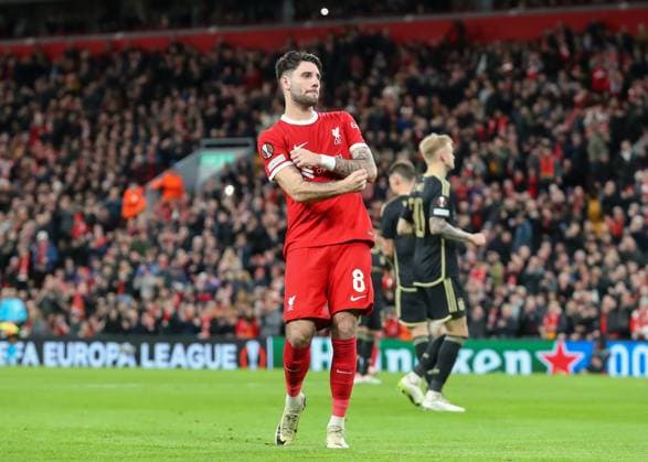 UEFA Europa League Liverpool v Sparta Prague Dominik Szoboszlai of Liverpool celebrates his goal to make it 5-1 Liverpool, during the UEFA Europa League match Liverpool vs Sparta Prague at Anfield, Liverpool, United Kingdom, 14th March 2024 (Photo by Gareth Evans News Images) Liverpool Anfield Merseyside United Kingdom Copyright: xGarethxEvans NewsxImagesx