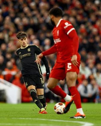 Liverpool, England, 14th March 2024. Veljko BirmanÄeviÄ‡ of Sparta Prague with the ball during the UEFA Europa League Round of 16 match at Anfield, Liverpool. Picture credit should read: Gary Oakley Sportimage EDITORIAL USE ONLY. No use with unauthorised audio, video, data, fixture lists, club league logos or live services. Online in-match use limited to 120 images, no video emulation. No use in betting, games or single club league player publications. SPI-3009-0005