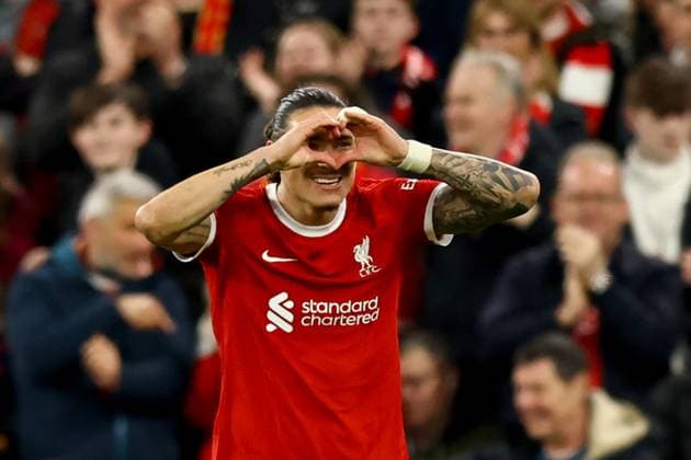 Sport Bilder des Tages Liverpool, England, 14th March 2024. Darwin Nunez of Liverpool celebrates scoring the first goal of the game during the UEFA Europa League Round of 16 match at Anfield, Liverpool. Picture credit should read: Gary Oakley Sportimage EDITORIAL USE ONLY. No use with unauthorised audio, video, data, fixture lists, club league logos or live services. Online in-match use limited to 120 images, no video emulation. No use in betting, games or single club league player publications. SPI-3009-0008