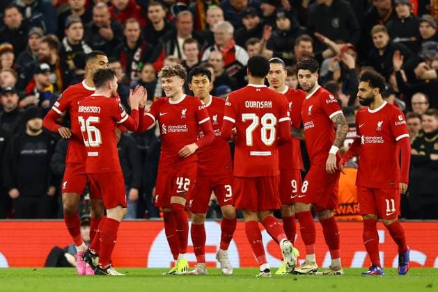 Liverpool, England, 14th March 2024. Bobby Clark of Liverpool celebrates scoring the second goal of the game during the UEFA Europa League Round of 16 match at Anfield, Liverpool. Picture credit should read: Gary Oakley Sportimage EDITORIAL USE ONLY. No use with unauthorised audio, video, data, fixture lists, club league logos or live services. Online in-match use limited to 120 images, no video emulation. No use in betting, games or single club league player publications. SPI-3009-0011