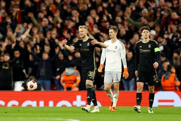 Liverpool, England, 14th March 2024. Jaroslav ZelenÃ½ of Sparta Prague dejected during the UEFA Europa League Round of 16 match at Anfield, Liverpool. Picture credit should read: Gary Oakley Sportimage EDITORIAL USE ONLY. No use with unauthorised audio, video, data, fixture lists, club league logos or live services. Online in-match use limited to 120 images, no video emulation. No use in betting, games or single club league player publications. SPI-3009-0012