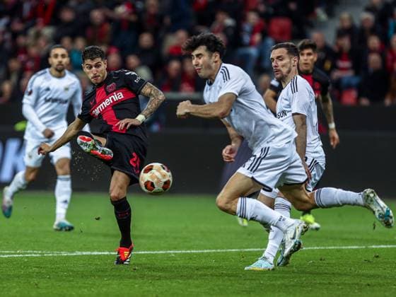 Exequiel Palacios Bayer 04 Leverkusen, 25 in duel against Bahlul Mustafazade Qarabag Agdam, 13 , GER, Bayer 04 Leverkusen vs Qarabag Agdam, UEFA Europa League 2023 24, Round of 16 second leg, 14 03 2024, GER, Bayer 04 Leverkusen vs Qarabag Agdam, UEFA Europa League 2023 24, Round of 16 second leg, 14 03 2024, Photo Eibner Pressefoto Gabriel Boia Leverkusen Copyright: xGabrielxBoiax EP_EER