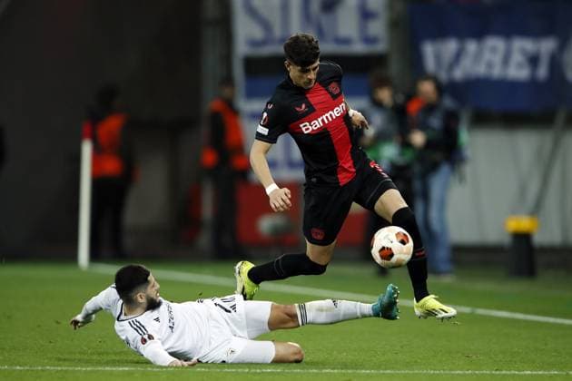 LEVERKUSEN - (l-r) Yassine Benzia of FK Qarabag, Piero Hincapie of Bayer 04 Leverkusen during the UEFA Europa league round of 16 match between Bayer 04 Leverkusen and FK Qarabag at De Bay Arena on March 14, 2024 in Leverkusen, Germany. ANP Hollandse Hoogte Bart Stoutjesdijk UEFA Europa League 2023 24 2023 2024 xVIxANPxSportx xBartxStoutjesdijkxIVx 493701388 originalFilename: 493701388.jpg