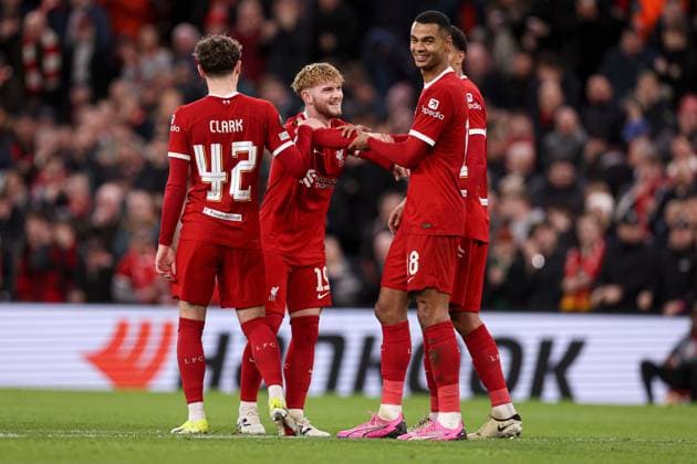 Harvey Elliott of Liverpool scores the 6th goal and celebrates Liverpool v Sparta Prague, UEFA Europa League, Round of 16, Second Leg, Football, Anfield, Liverpool, UK - 14 Mar 2024 EDITORIAL USE ONLY No use with unauthorised audio, video, data, fixture lists, club league logos or live services. Online in-match use limited to 120 images, no video emulation. No use in betting, games or single club league player publications.  Copyright: xPaulxCurrie Shutterstockx 14385501bi