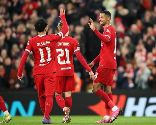 UEFA Europa League Liverpool v Sparta Prague Cody Gakpo of Liverpool celebrates his goal to make it 5-1 Liverpool, during the UEFA Europa League match Liverpool vs Sparta Prague at Anfield, Liverpool, United Kingdom, 14th March 2024 (Photo by Gareth Evans News Images) Liverpool Anfield Merseyside United Kingdom Copyright: xGarethxEvans NewsxImagesx