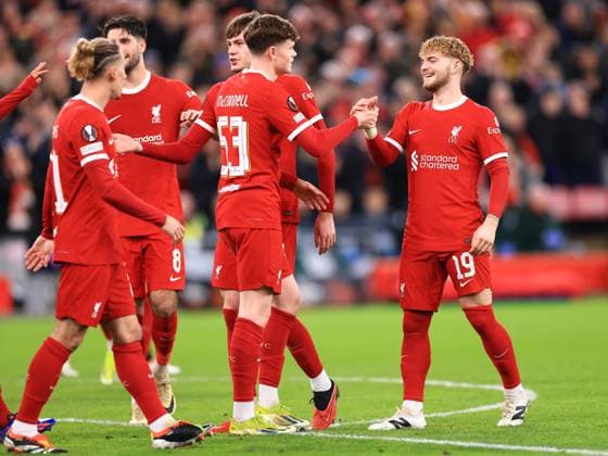 Liverpool FC v AC Sparta Prague Harvey Elliott of Liverpool scores his sides sixth goal of the match and celebrates with team mates during the Liverpool FC v AC Sparta Prague Last 16, 2nd Leg UEFA Europa League match at Anfield, Liverpool, England, United Kingdom on 14 March 2024 Editorial use only. All images are copyright Every Second Media Limited. No images may be reproduced without prior permission. Copyright: xIMAGO EveryxSecondxMediax ESM-0951-0081