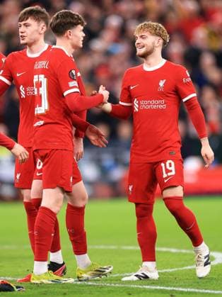 Liverpool FC v AC Sparta Prague Harvey Elliott of Liverpool scores his sides sixth goal of the match and celebrates with team mates during the Liverpool FC v AC Sparta Prague Last 16, 2nd Leg UEFA Europa League match at Anfield, Liverpool, England, United Kingdom on 14 March 2024 Editorial use only. All images are copyright Every Second Media Limited. No images may be reproduced without prior permission. Copyright: xIMAGO EveryxSecondxMediax ESM-0951-0082