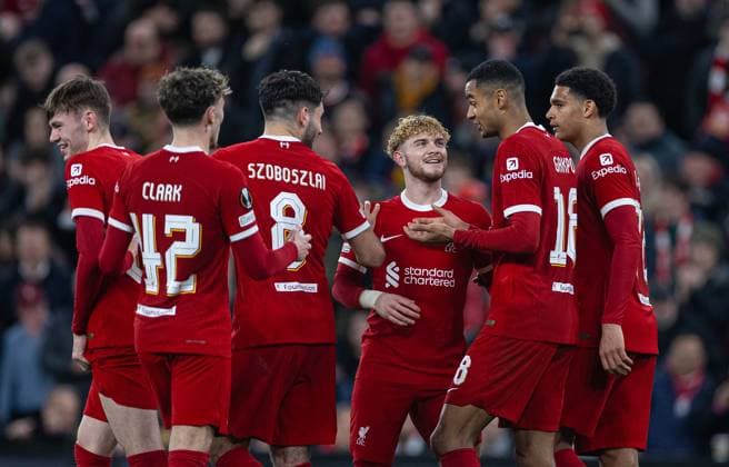 Football - UEFA Europa League - Round of 16 2nd Leg - Liverpool FC v AC Sparta Praha LIVERPOOL, ENGLAND - Thursday, March 14, 2024: Liverpool s Harvey Elliott and Cody Gakpo celebrate the sixth goal during the UEFA Europa League Round of 16 2nd Leg match between Liverpool FC and AC Sparta Praha at Anfield. (Photo by David Rawcliffe Propaganda) LIVERPOOL Anfield MERSEYSIDE ENGLAND  Copyright: xDavidxRawcliffex P2024-03-14-Liverpool_Sparta_Praha-54