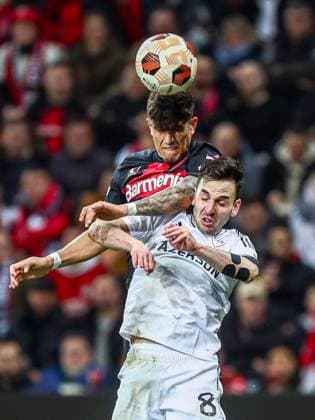 Piero Hincapie Reina Bayer 04 Leverkusen, 03 in duel against Marco Jankovic Qarabag Agdam, 08 , GER, Bayer 04 Leverkusen vs Qarabag Agdam, UEFA Europa League 2023 24, Round of 16 second leg, 14 03 2024, GER, Bayer 04 Leverkusen vs Qarabag Agdam, UEFA Europa League 2023 24, Round of 16 second leg, 14 03 2024, Photo Eibner Pressefoto Gabriel Boia Leverkusen Copyright: xGabrielxBoiax EP_EER