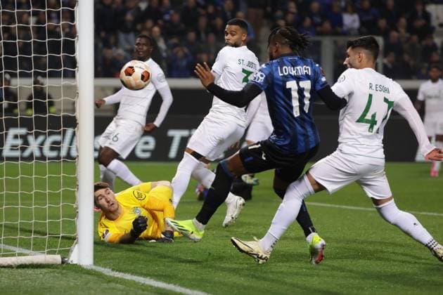 Bergamo, Italy, 14th March 2024. Ademola Lookman of Atalanta scores to level the game at 1-1 during the UEFA Europa League match at Stadio di Bergamo. Picture credit should read: Jonathan Moscrop Sportimage EDITORIAL USE ONLY. No use with unauthorised audio, video, data, fixture lists, club league logos or live services. Online in-match use limited to 120 images, no video emulation. No use in betting, games or single club league player publications. SPI-2992-0007