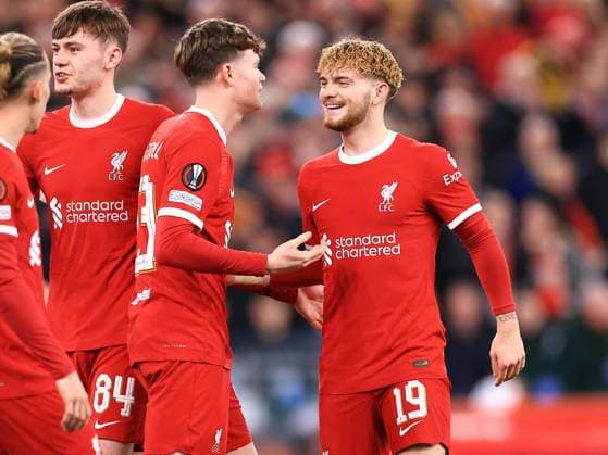 Liverpool FC v AC Sparta Prague Harvey Elliott of Liverpool scores his sides sixth goal of the match and celebrates with team mates during the Liverpool FC v AC Sparta Prague Last 16, 2nd Leg UEFA Europa League match at Anfield, Liverpool, England, United Kingdom on 14 March 2024 Editorial use only. All images are copyright Every Second Media Limited. No images may be reproduced without prior permission. Copyright: xIMAGO EveryxSecondxMediax ESM-0951-0084