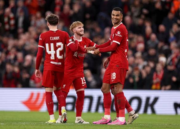 Cody Gakpo of Liverpool celebrates scoring the 6th goal Liverpool v Sparta Prague, UEFA Europa League, Round of 16, Second Leg, Football, Anfield, Liverpool, UK - 14 Mar 2024 EDITORIAL USE ONLY No use with unauthorised audio, video, data, fixture lists, club league logos or live services. Online in-match use limited to 120 images, no video emulation. No use in betting, games or single club league player publications.  Copyright: xPaulxCurrie Shutterstockx 14385501bl