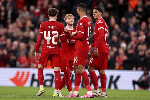 Cody Gakpo of Liverpool celebrates scoring the 6th goal Liverpool v Sparta Prague, UEFA Europa League, Round of 16, Second Leg, Football, Anfield, Liverpool, UK - 14 Mar 2024 EDITORIAL USE ONLY No use with unauthorised audio, video, data, fixture lists, club league logos or live services. Online in-match use limited to 120 images, no video emulation. No use in betting, games or single club league player publications.  Copyright: xPaulxCurrie Shutterstockx 14385501bm