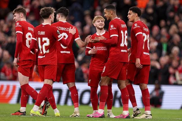 Cody Gakpo of Liverpool celebrates scoring the 6th goal Liverpool v Sparta Prague, UEFA Europa League, Round of 16, Second Leg, Football, Anfield, Liverpool, UK - 14 Mar 2024 EDITORIAL USE ONLY No use with unauthorised audio, video, data, fixture lists, club league logos or live services. Online in-match use limited to 120 images, no video emulation. No use in betting, games or single club league player publications.  Copyright: xPaulxCurrie Shutterstockx 14385501bq