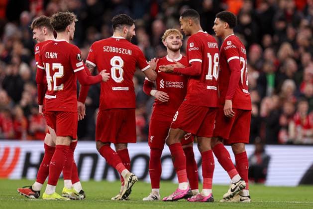 Cody Gakpo of Liverpool celebrates scoring the 6th goal Liverpool v Sparta Prague, UEFA Europa League, Round of 16, Second Leg, Football, Anfield, Liverpool, UK - 14 Mar 2024 EDITORIAL USE ONLY No use with unauthorised audio, video, data, fixture lists, club league logos or live services. Online in-match use limited to 120 images, no video emulation. No use in betting, games or single club league player publications.  Copyright: xPaulxCurrie Shutterstockx 14385501bs