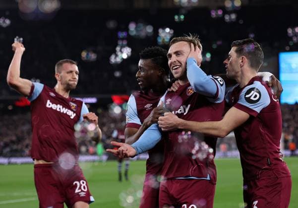 London, England, 14th March 2024. West Ham United s Jarrod Bowen celebrates scoring his sides second goal during the UEFA Europa League Round of 16 match at the London Stadium, London. Picture credit should read: David Klein Sportimage EDITORIAL USE ONLY. No use with unauthorised audio, video, data, fixture lists, club league logos or live services. Online in-match use limited to 120 images, no video emulation. No use in betting, games or single club league player publications. SPI-3008-0057