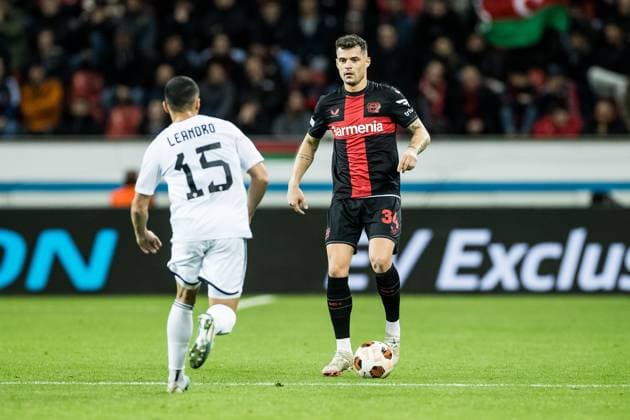 UEFA Europa League Bayer 04 Leverkusen Qarabag Agdam 14 03 2024 duel Leandro Andrade Qarabag Agdam, 15 , Granit Xhaka Bayer 04 Leverkusen, 34 UEFA Europa League Bayer 04 Leverkusen Qarabag Agdam, BayArena Leverkusen on 14 03 2024 Copyright: xBEAUTIFULxSPORTS Wunderlx