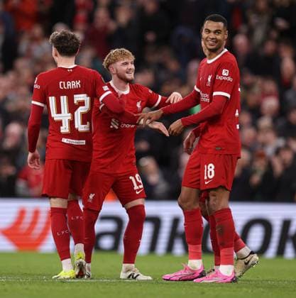 Cody Gakpo of Liverpool celebrates scoring the 6th goal Liverpool v Sparta Prague, UEFA Europa League, Round of 16, Second Leg, Football, Anfield, Liverpool, UK - 14 Mar 2024 EDITORIAL USE ONLY No use with unauthorised audio, video, data, fixture lists, club league logos or live services. Online in-match use limited to 120 images, no video emulation. No use in betting, games or single club league player publications.  Copyright: xPaulxCurrie Shutterstockx 14385501bt