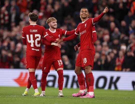 Cody Gakpo of Liverpool celebrates scoring the 6th goal Liverpool v Sparta Prague, UEFA Europa League, Round of 16, Second Leg, Football, Anfield, Liverpool, UK - 14 Mar 2024 EDITORIAL USE ONLY No use with unauthorised audio, video, data, fixture lists, club league logos or live services. Online in-match use limited to 120 images, no video emulation. No use in betting, games or single club league player publications.  Copyright: xPaulxCurrie Shutterstockx 14385501bu