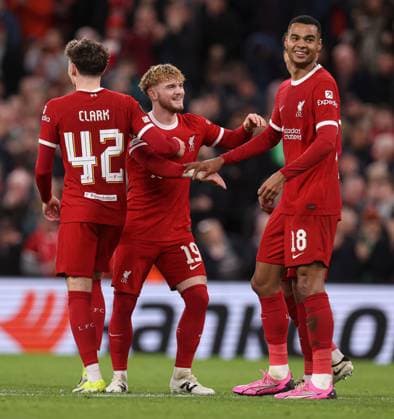 Cody Gakpo of Liverpool celebrates scoring the 6th goal Liverpool v Sparta Prague, UEFA Europa League, Round of 16, Second Leg, Football, Anfield, Liverpool, UK - 14 Mar 2024 EDITORIAL USE ONLY No use with unauthorised audio, video, data, fixture lists, club league logos or live services. Online in-match use limited to 120 images, no video emulation. No use in betting, games or single club league player publications.  Copyright: xPaulxCurrie Shutterstockx 14385501bv