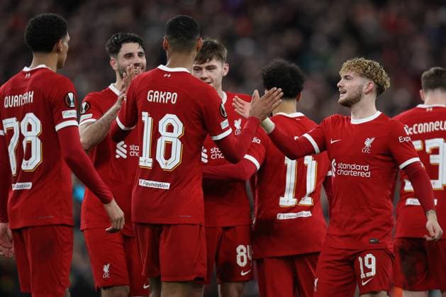 Liverpool FC v AC Sparta Praha: Round of 16 Second Leg - UEFA Europa League 2023 24 Harvey Elliott of Liverpool and Cody Gakpo of Liverpool celebrate 5th goal during the UEFA Europa League 2023 24 round of 16 second leg match between Liverpool FC and AC Sparta Praha at Anfield on March 14, 2024 in Liverpool, England. Liverpool Anfield England United Kingdom Copyright: xSportsphoto Sportsphoto APLx 13969514