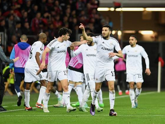 14 03 2024, Leverkusen, Germany, BayARENA, Bayer Leverkusen vs Qarabag FK UEFA Europa League 2023 2024 Round of 16 second leg, Abdellah Zoubir Qarabag Agdam goal celebration, cheers after his goal to 0 1 Photo Ralf Treese Leverkusen BayARENA North Rhine Westphalia Germany 521_LEVQUA202403134_022 Treese-521