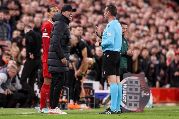 Liverpool manager Jurgen Klopp berates referee Artur Manuel Soares Dias and gets a yellow card Liverpool v Sparta Prague, UEFA Europa League, Round of 16, Second Leg, Football, Anfield, Liverpool, UK - 14 Mar 2024 EDITORIAL USE ONLY No use with unauthorised audio, video, data, fixture lists, club league logos or live services. Online in-match use limited to 120 images, no video emulation. No use in betting, games or single club league player publications.  Copyright: xPaulxCurrie Shutterstockx 14385501bw