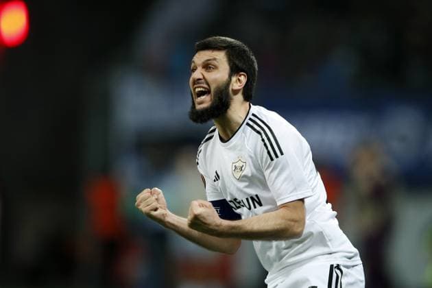 LEVERKUSEN - Badavi Huseynov of FK Qarabag celebrates the 0-1 during the UEFA Europa league eighth final match between Bayer 04 Leverkusen and FK Qarabag at De Bay Arena on March 14, 2024 in Leverkusen, Germany. ANP Hollandse Hoogte Bart Stoutjesdijk UEFA Europa League 2023 24 2023 2024 xVIxANPxSportx xBartxStoutjesdijkxIVx 493703273 originalFilename: 493703273.jpg