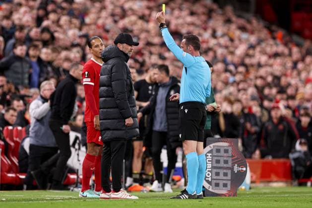 Liverpool manager Jurgen Klopp berates referee Artur Manuel Soares Dias and gets a yellow card Liverpool v Sparta Prague, UEFA Europa League, Round of 16, Second Leg, Football, Anfield, Liverpool, UK - 14 Mar 2024 EDITORIAL USE ONLY No use with unauthorised audio, video, data, fixture lists, club league logos or live services. Online in-match use limited to 120 images, no video emulation. No use in betting, games or single club league player publications.  Copyright: xPaulxCurrie Shutterstockx 14385501bz