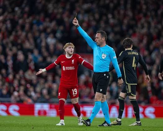 Football - UEFA Europa League - Round of 16 2nd Leg - Liverpool FC v AC Sparta Praha LIVERPOOL, ENGLAND - Thursday, March 14, 2024: Referee Artur Dias shows a yellow card during the UEFA Europa League Round of 16 2nd Leg match between Liverpool FC and AC Sparta Praha at Anfield. (Photo by David Rawcliffe Propaganda) LIVERPOOL Anfield MERSEYSIDE ENGLAND  Copyright: xDavidxRawcliffex P2024-03-14-Liverpool_Sparta_Praha-60