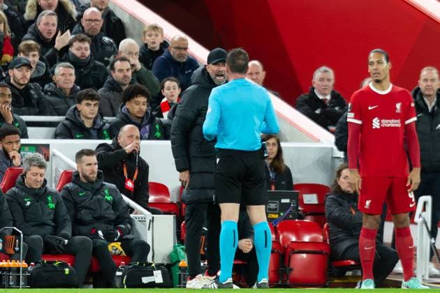 Liverpool v Sparta Prague Europa League 14 03 2024. Round of 16 Liverpool manager Jurgen Klopp remonstrates with referee Artur Dias and is booked, yellow card, during the Europa League Round of 16, second leg match between Liverpool and Sparta Prague at Anfield, Liverpool, England on 14 March 2024. Editorial use only , Copyright: xIanxStephenx PSI-19248-0022