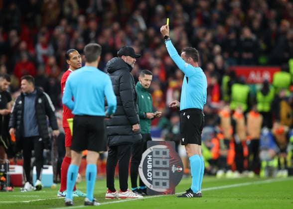 UEFA Europa League Liverpool v Sparta Prague Jürgen Klopp manger of Liverpool gets a yellow card from referee Artur Dias Soares, during the UEFA Europa League match Liverpool vs Sparta Prague at Anfield, Liverpool, United Kingdom, 14th March 2024 (Photo by Gareth Evans News Images) Liverpool Anfield Merseyside United Kingdom Copyright: xGarethxEvans NewsxImagesx