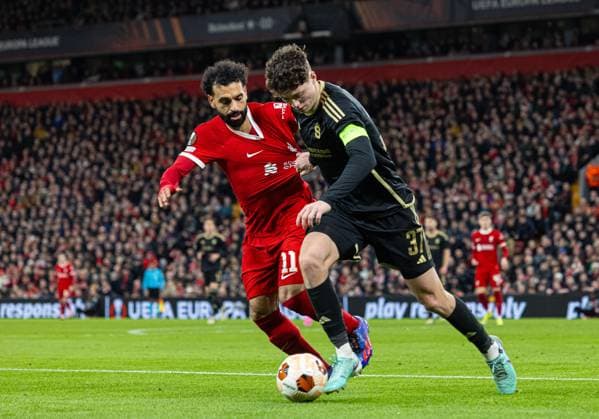Football - UEFA Europa League - Round of 16 2nd Leg - Liverpool FC v AC Sparta Praha LIVERPOOL, ENGLAND - Thursday, March 14, 2024: Liverpool s Mohamed Salah (L) is challenged by Sparta Praha s Ladislav KrejÄi during the UEFA Europa League Round of 16 2nd Leg match between Liverpool FC and AC Sparta Praha at Anfield. (Photo by David Rawcliffe Propaganda) LIVERPOOL Anfield MERSEYSIDE ENGLAND  Copyright: xDavidxRawcliffex P2024-03-14-Liverpool_Sparta_Praha-64