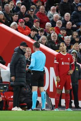 Liverpool FC v AC Sparta Praha: Round of 16 Second Leg - UEFA Europa League 2023 24 Jurgen Klopp, Manager of Liverpool is booked by Referee Artur Dias while trying to bring on Virgil van Dijk of Liverpool during the UEFA Europa League 2023 24 round of 16 second leg match between Liverpool FC and AC Sparta Praha at Anfield on March 14, 2024 in Liverpool, England. Liverpool Anfield England United Kingdom Copyright: xSportsphoto Sportsphoto APLx 13969517