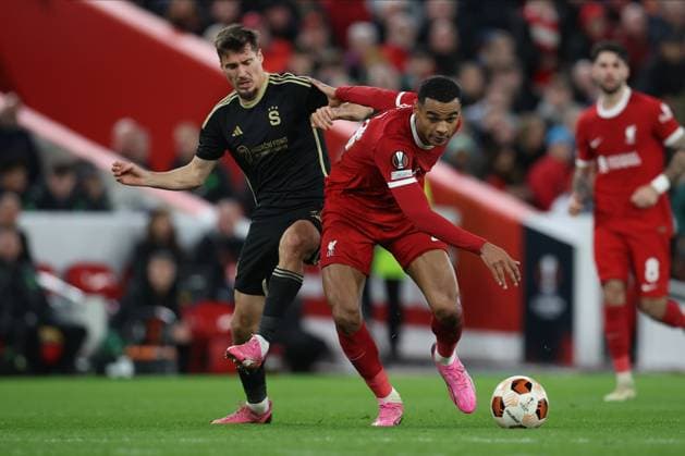 Liverpool FC v AC Sparta Praha: Round of 16 Second Leg - UEFA Europa League 2023 24 Lukas Sadilek of Sparta Prague and Cody Gakpo of Liverpool challenge during the UEFA Europa League 2023 24 round of 16 second leg match between Liverpool FC and AC Sparta Praha at Anfield on March 14, 2024 in Liverpool, England. Liverpool Anfield England United Kingdom Copyright: xSportsphoto Sportsphoto APLx 13969518