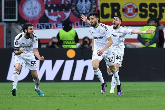 Soccer Europa League Round of 16 Bayer 04 Leverkusen Qarabag Agdam on 14 03 2024 at the BayArena in Leverkusen Goal celebration to 0 1 by Abdellah Zoubir Agdam xRx