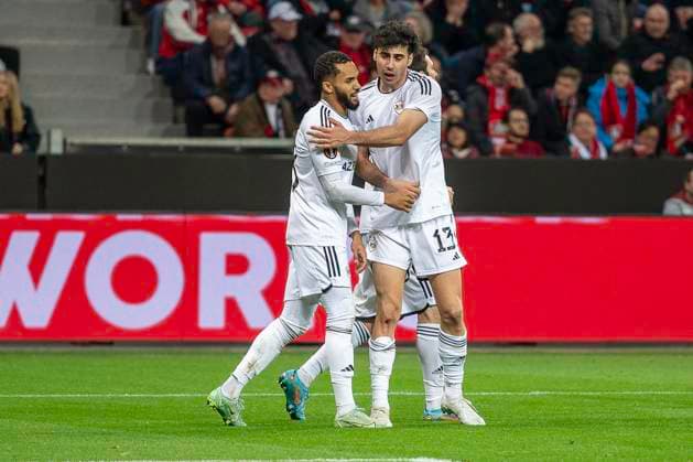 Bahlul Mustafazada Qarabag Agdam, 13 hugs the goalkeeper for 2 0 Juninho Qarabag Agdam, 18 Football UEFA Europa League, 2023 2024 season, round of 16, second leg, Bayer 04 Leverkusen Qarabag FK on 14 03 2024 at the BayArena in Leverkusen Photo Kirchner Media TH Copyright: xKirchner-Media THx
