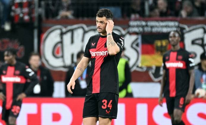 Football, Europa League, Germany, Men, Season 2023 2024, Round of 16 second leg, BayArena Leverkusen, Bayer Leverkusen Qarabag Agdam Granit Xhaka LEV disappointed Disappointment, Frustration, Action UEFA REGULATES PROHIBIT ANY USE OF PHOTOGRAPHS AS IMAGE SEQUENCES AND OR QUASI VIDEO