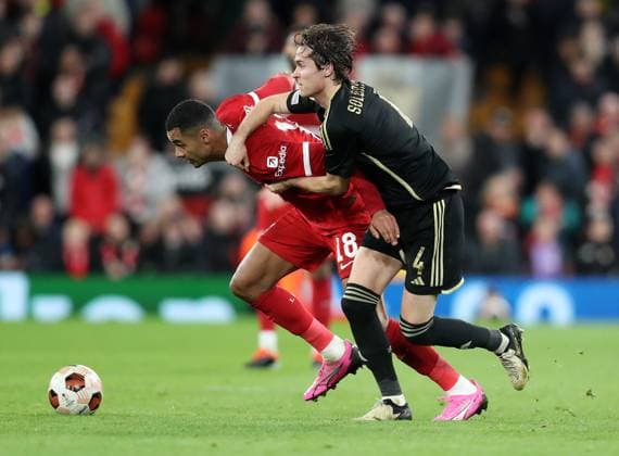 14th March 2024; Anfield, Liverpool, Merseyside, England; Europa League, Round of 16, Second Leg Football, Liverpool versus Sparta Prague; Cody Gakpo of Liverpool is tackled by Markus Solbakken of Sparta Prague  ActionPlus12618014 DavidxBlunsden