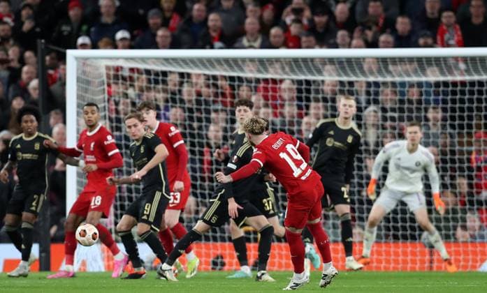 14th March 2024; Anfield, Liverpool, Merseyside, England; Europa League, Round of 16, Second Leg Football, Liverpool versus Sparta Prague; Harvey Elliot of Liverpool shoots and scores his side& x2019;s sixth goal for 6-1 after 57 minutes  ActionPlus12618016 DavidxBlunsden